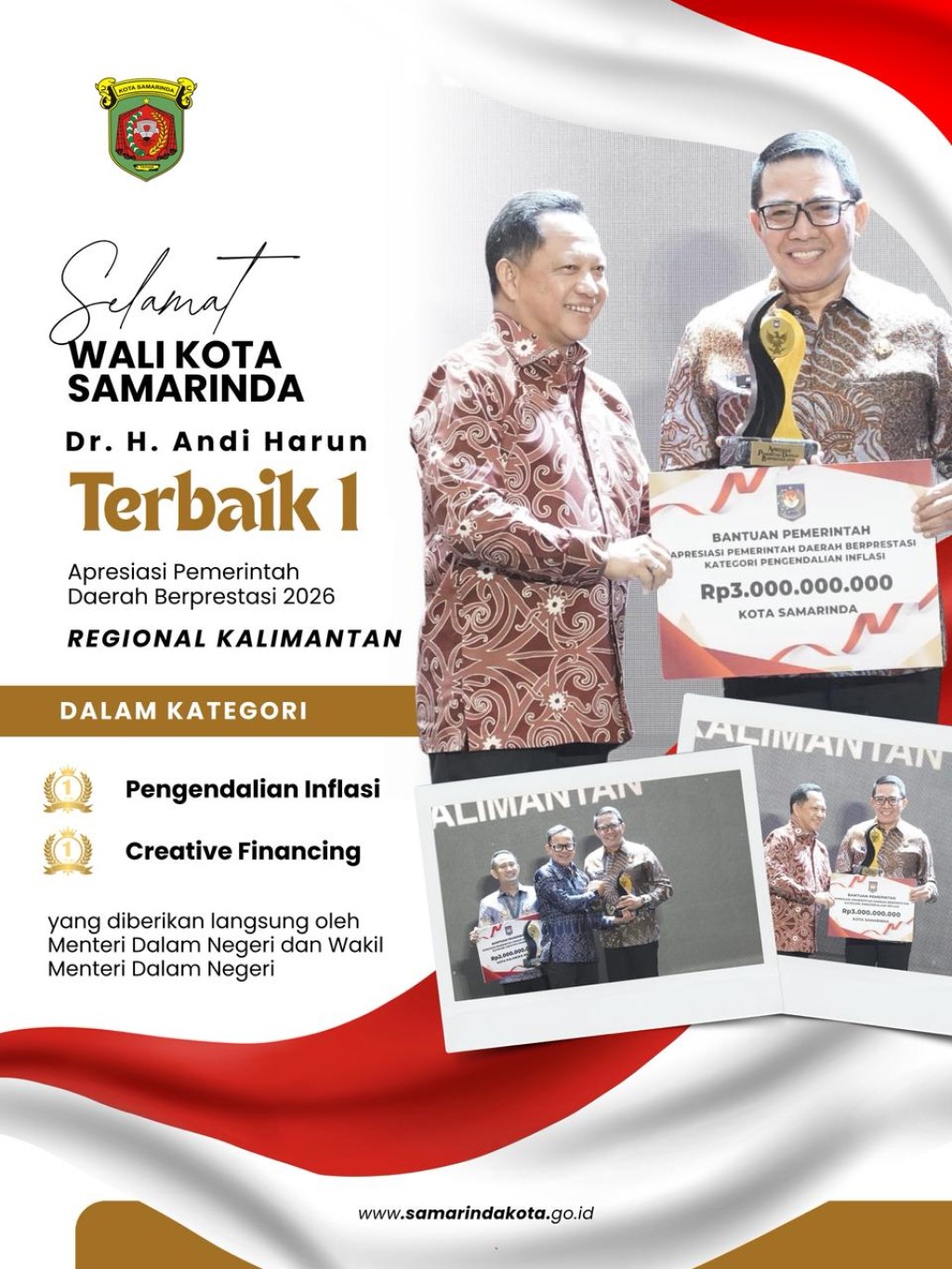 Wali Kota Samarinda, Dr. H. Andi Harun, secara resmi menerima 2 (dua) kategori penghargaan Apresiasi Pemerintah Daerah Berprestasi Regional Kalimantan.