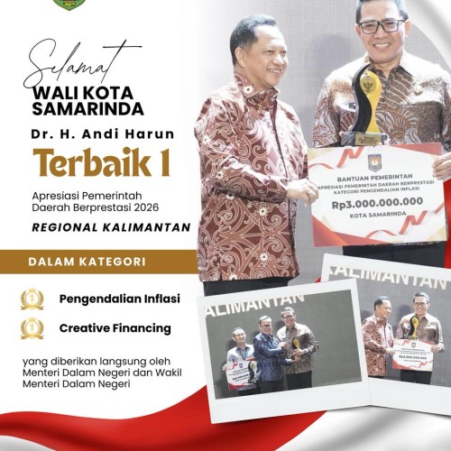Wali Kota Samarinda, Dr. H. Andi Harun, secara resmi menerima 2 (dua) kategori penghargaan Apresiasi Pemerintah Daerah Berprestasi Regional Kalimantan.